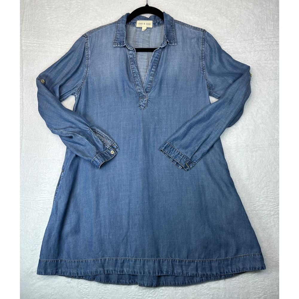 Cloth & Stone Tencel Chambray Dress Womens Small Blue Roll Tab C1273-549-121